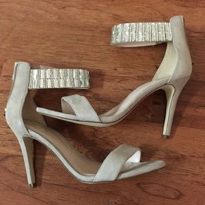 nude ankle strap heel with crystal embellishment